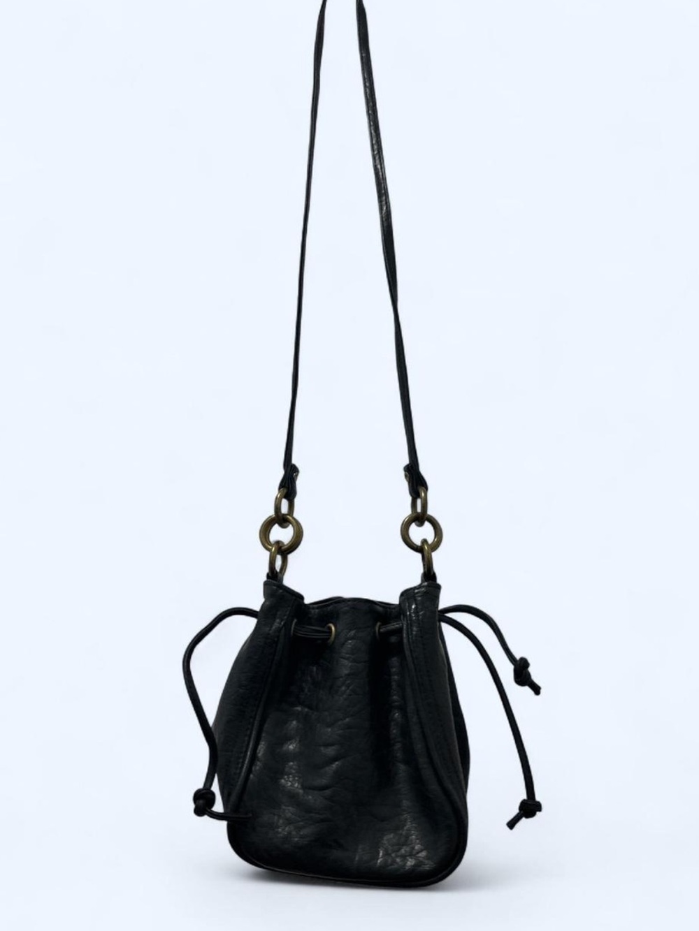 Sleek Black Leather Drawstring Crossbody Bag